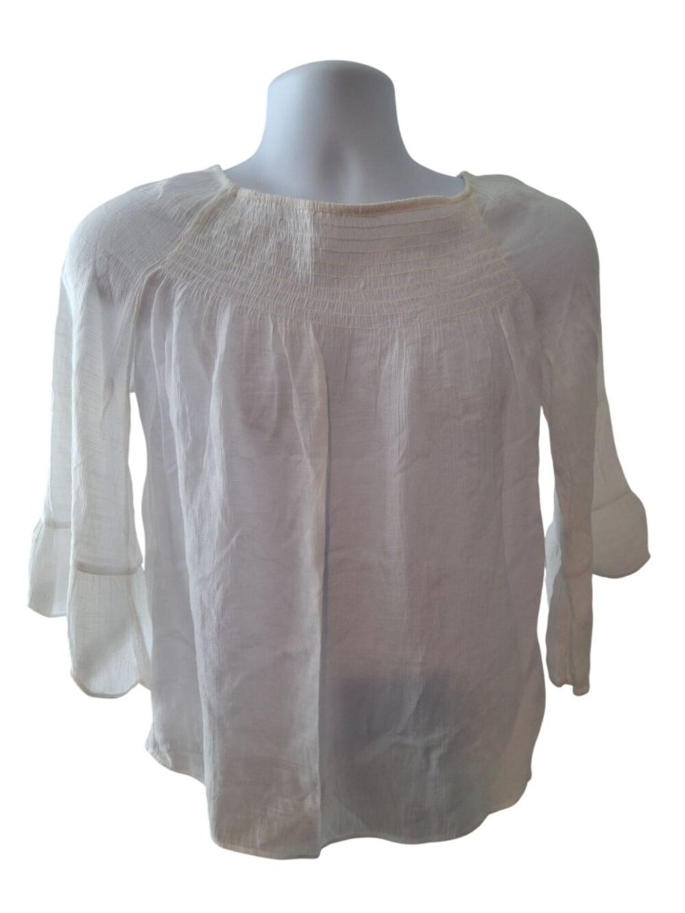 New Directions Petite PS White Smocked Bell Sleeve Blouse Coastal Boho Peasant